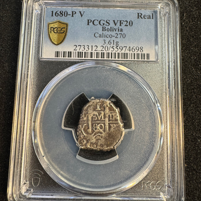 1680 P-V Bolivia AR 1 Real Cob, Cal-270, PCGS VF-20