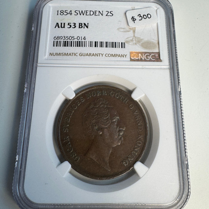 1854 Sweden 2 Skilling, NGC AU-53 BN 🇸🇪