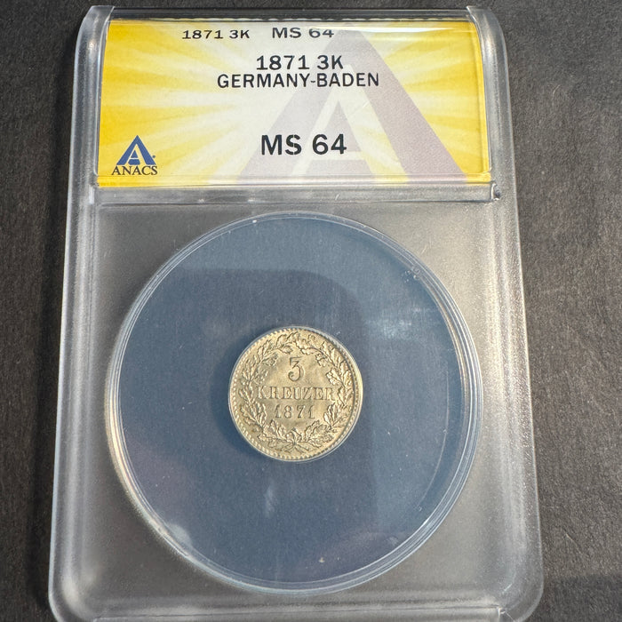 1871 Baden 3 Kruezer silver, KM-246, ANACS MS-64 🇩🇪