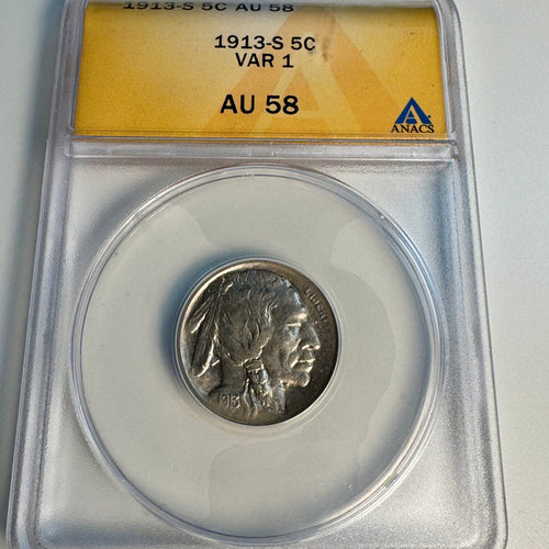 1913-S Type 1 Buffalo Nickel 5c, ANACS AU-58
