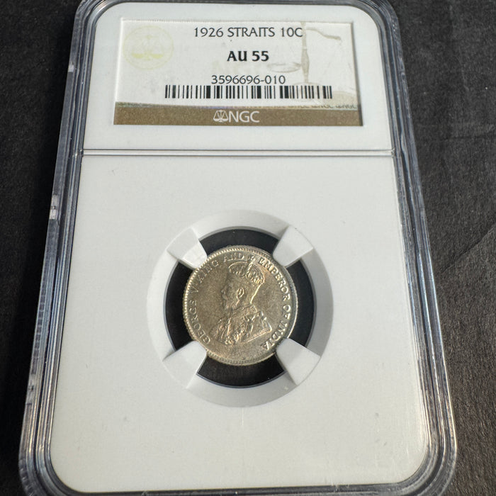 1926 Straits Settlements 10 Cents Silver, George V, NGC AU-55