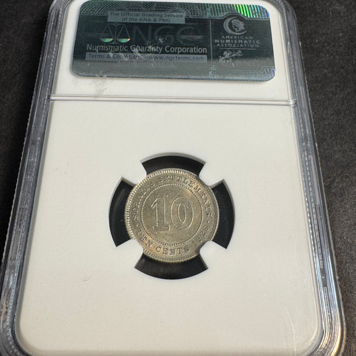 1926 Straits Settlements 10 Cents Silver, George V, NGC AU-55