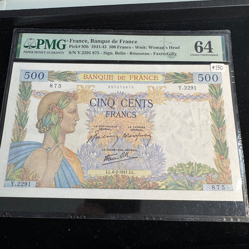 1941 France 500 Francs, P#95b, PMG Ch UNC 64