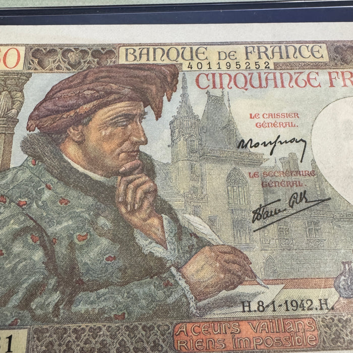 1942 France 50 Francs, P#93, PMG Gem UNC 65 EPQ