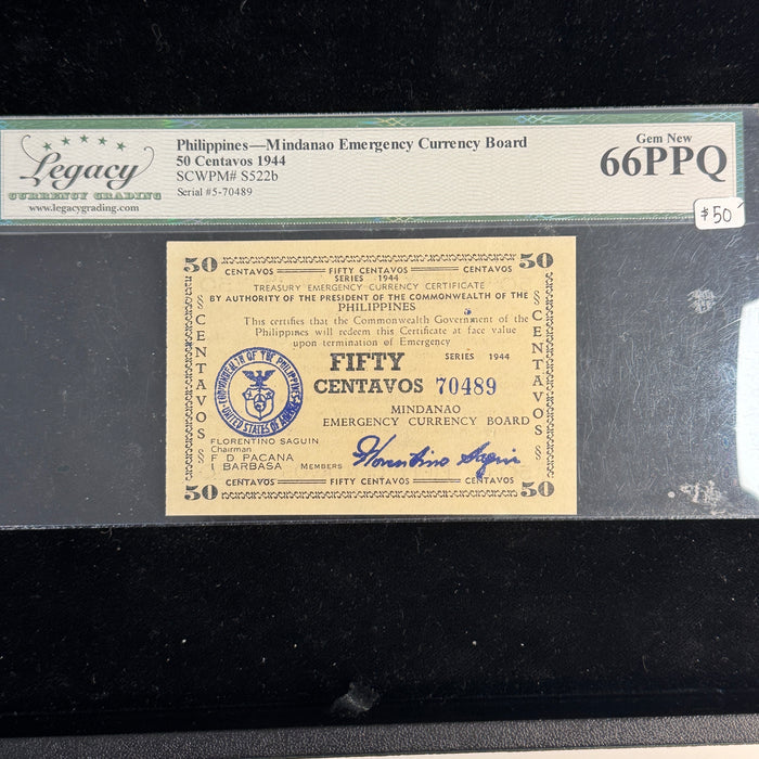 1944 Mindanao US Philippines 50 Centavos Emergency Currency, Legacy Gem New 66 PPQ