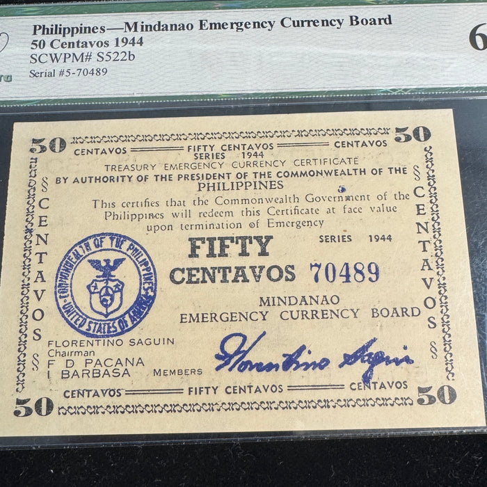 1944 Mindanao US Philippines 50 Centavos Emergency Currency, Legacy Gem New 66 PPQ