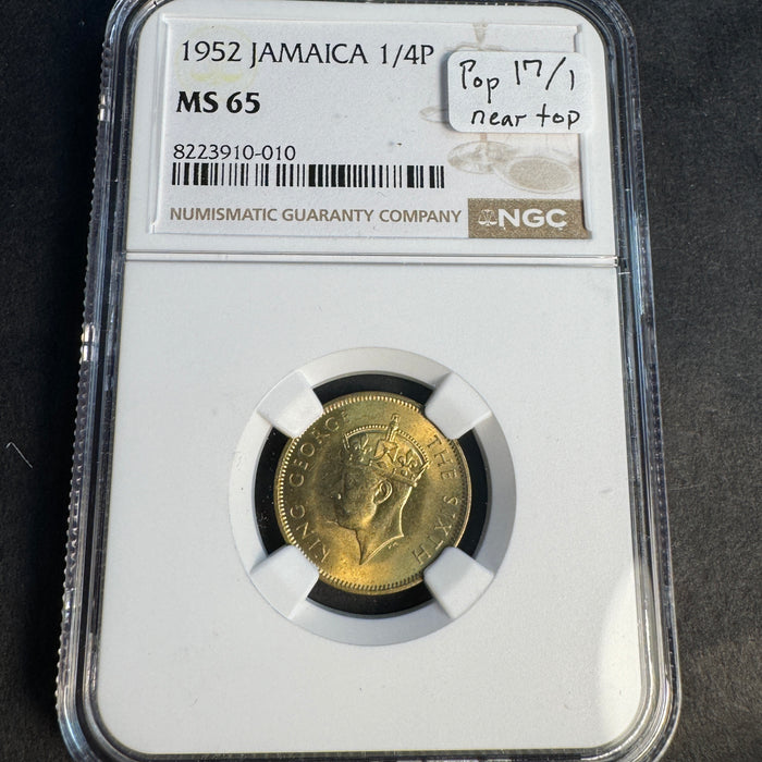 1952 Jamaica Farthing 1/4P, KGVI, NGC MS-65, Pop 17/1 Near Top 🇯🇲