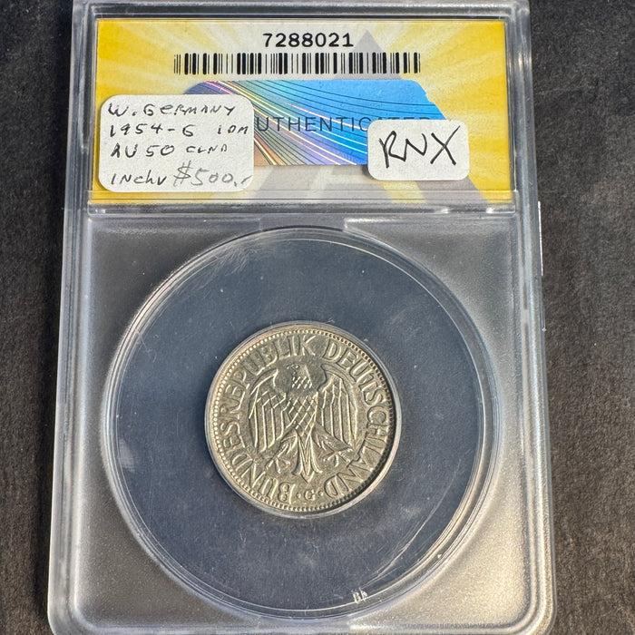 1954-G Germany 1 Mark, ANACS AU-50 Details Cleaned 🇩🇪 (XF CV = 425)