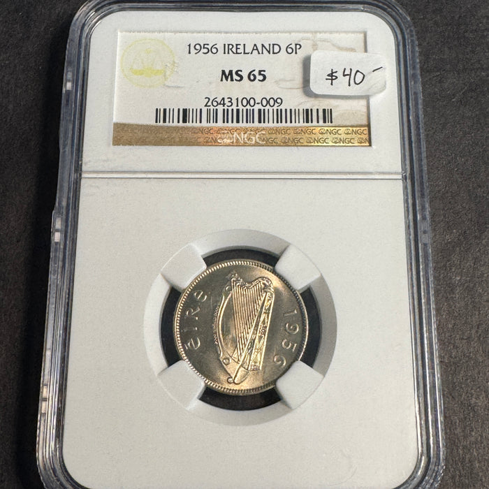 1956 Ireland 6 Pence, Irish Hound Dog, NGC MS-65 🇮🇪