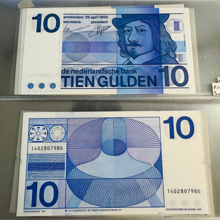 1968 Netherlands 10 Gulden Banknote, P#91, UNC