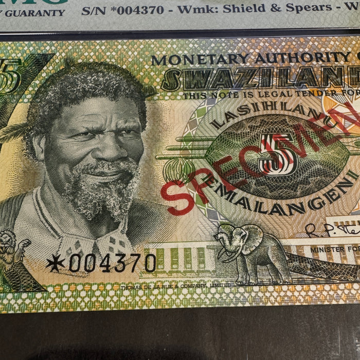 (1974) Swaziland 5 Emalangeni SPECIMEN Banknote, P#3CS1, PMG 66 Gem Unc EPQ