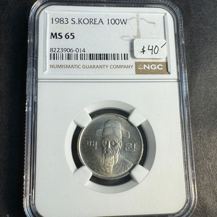 1983 South Korea 100 Won, Admiral Yi Sun-sin, KM -35, NGC MS-65 🇰🇷