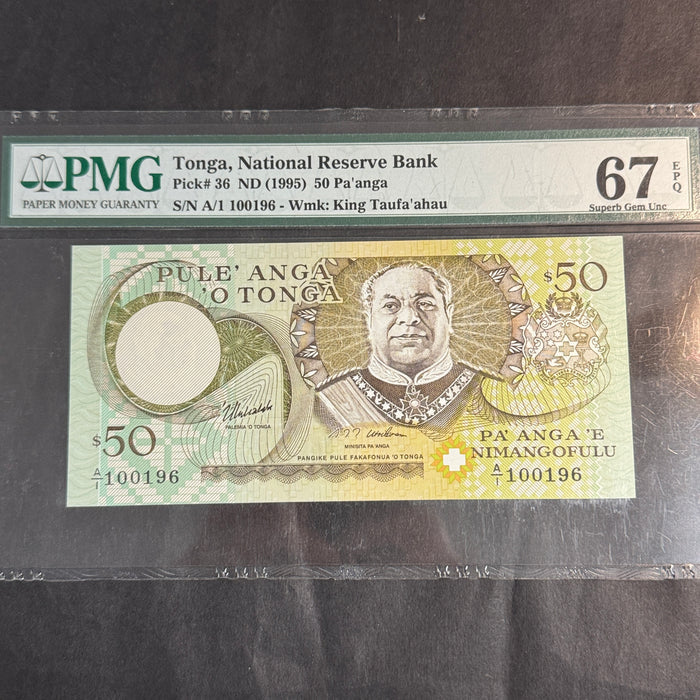 1995 Tonga 50 Pa’anga Banknote, P#36, King Taufu’ahau, PMG 67 Superb Gem Unc EPQ