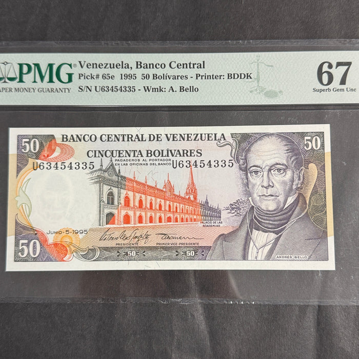 1995 Venezuela 50 Bolivares, A. Bello, P#65e, PMG 67 Superb Gem EPQ