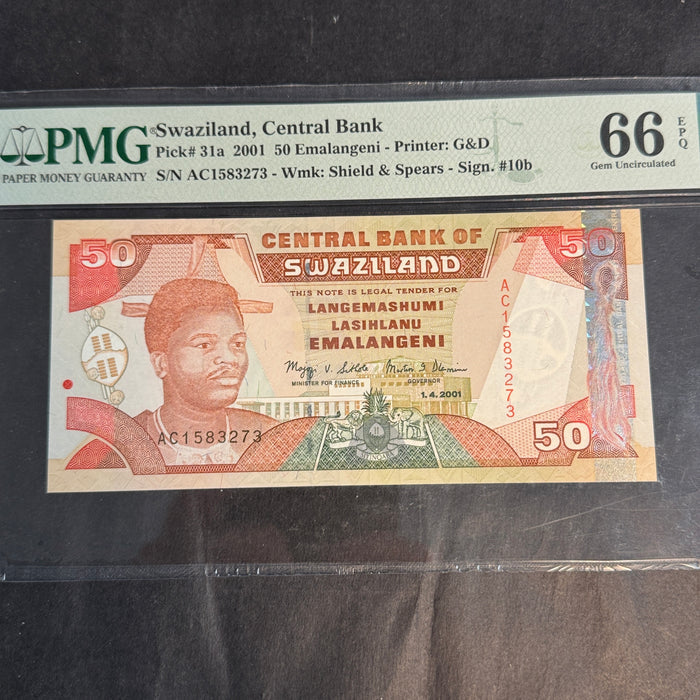 2001 Swaziland 50 Emalageni, P#31a, PMG Gem Unc 66 EPQ