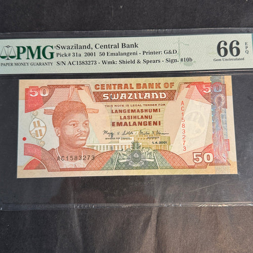 2001 Swaziland 50 Emalageni, P#31a, PMG Gem Unc 66 EPQ