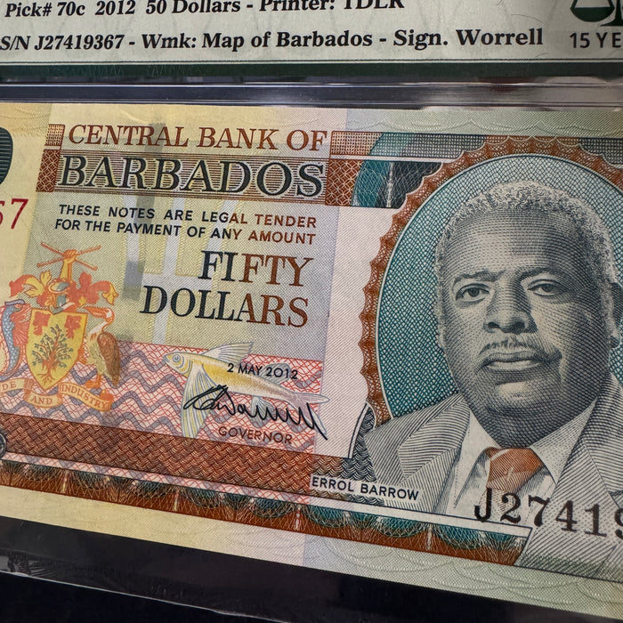 2012 Barbados 50 Dollars Banknote, P#70c, PMG 65 Gem Unc EPQ