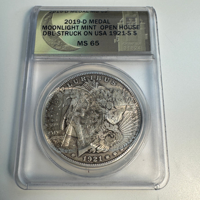 2019-D Daniel Carr Medal - Moonlight Mint Open House Double-Struck on 1921-S Morgan, ANACS MS-65