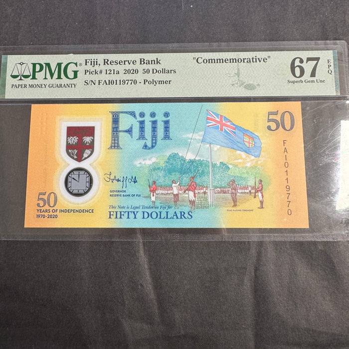 2020 Fiji 50 Dollars Commemorative Banknote, 50 Yrs Indep., PMG 67 Superb Gem Unc EPQ
