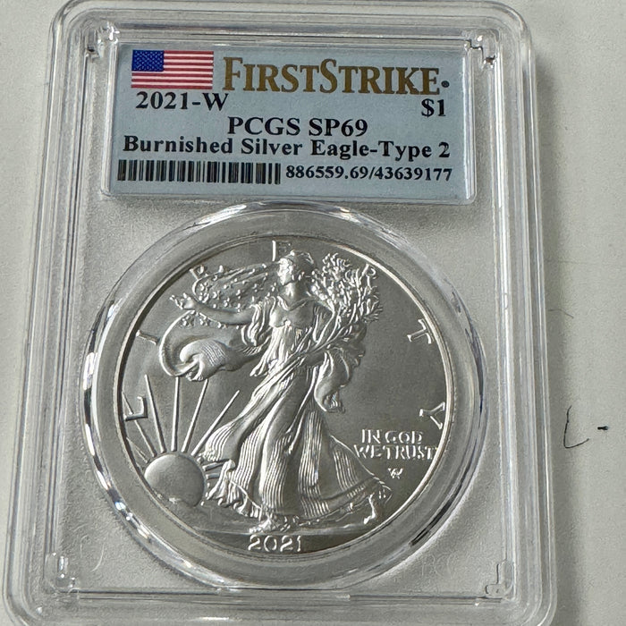 2021-W Burnished Silver Eagle, First Strike PCGS SP-69, Type 2