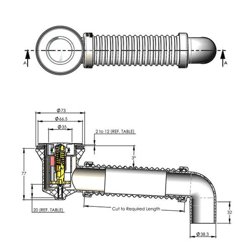 ART Australia Bath Bend Pop Down and Connector Technical Drawing - The Blue Space