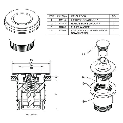 ART Australia Bath Pop Down Plug and Waste 40mm Technical Drawing - The Blue Space