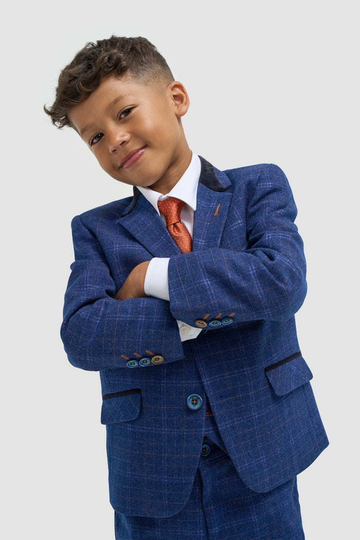 Boys Blue Check Three Piece Suit - House of Cavani