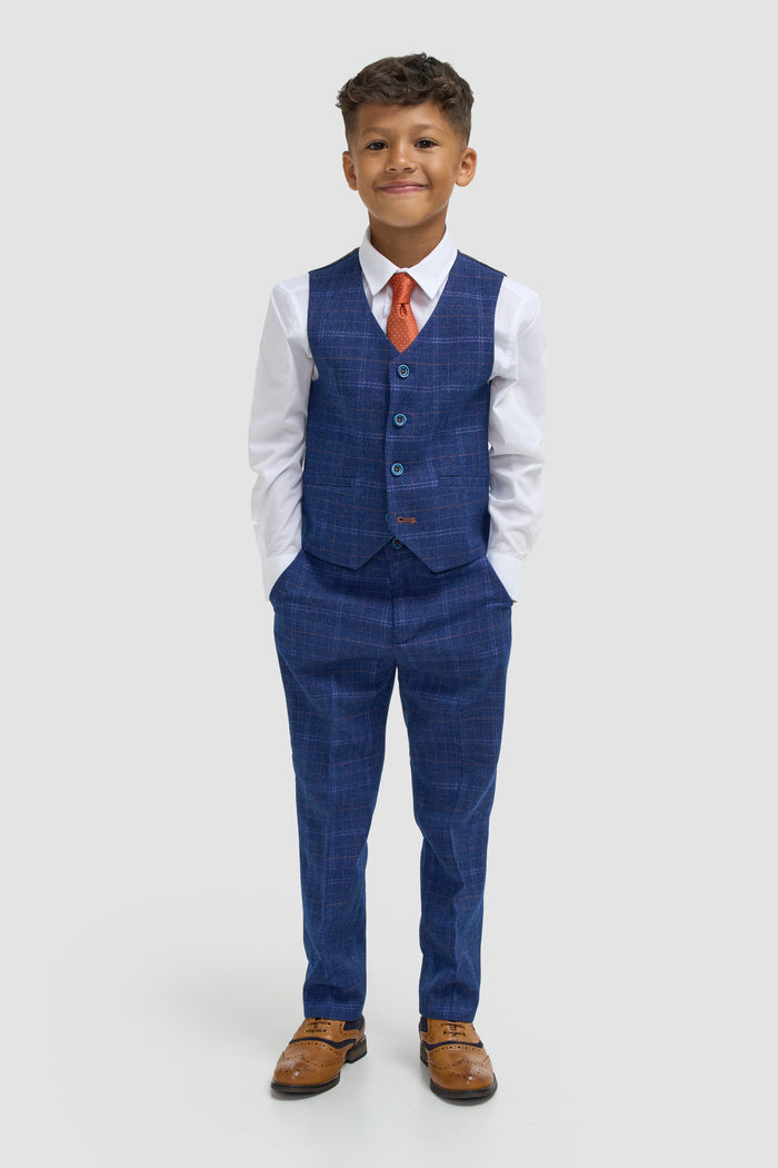 Boys Blue Check Three Piece Suit - House of Cavani