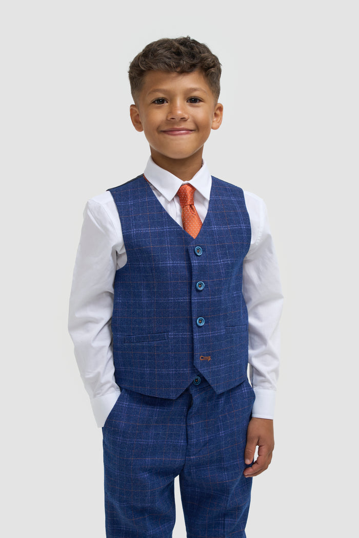 Boys Blue Check Three Piece Suit - House of Cavani