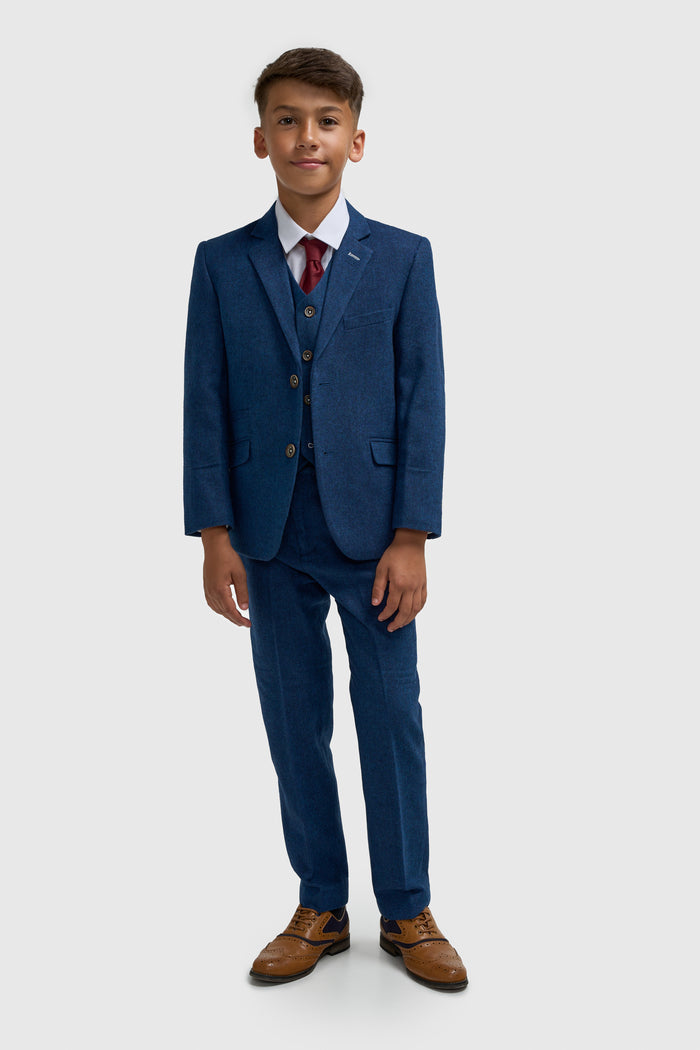 Boys Blue Tweed Three Piece Suit - House of Cavani