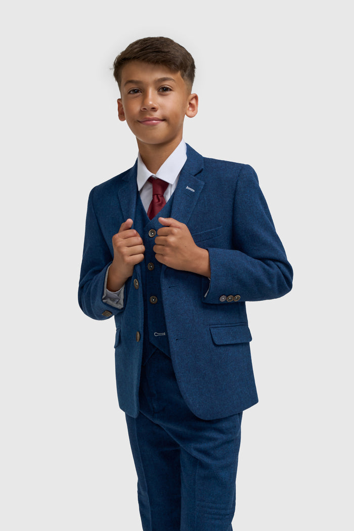 Boys Blue Tweed Three Piece Suit - House of Cavani