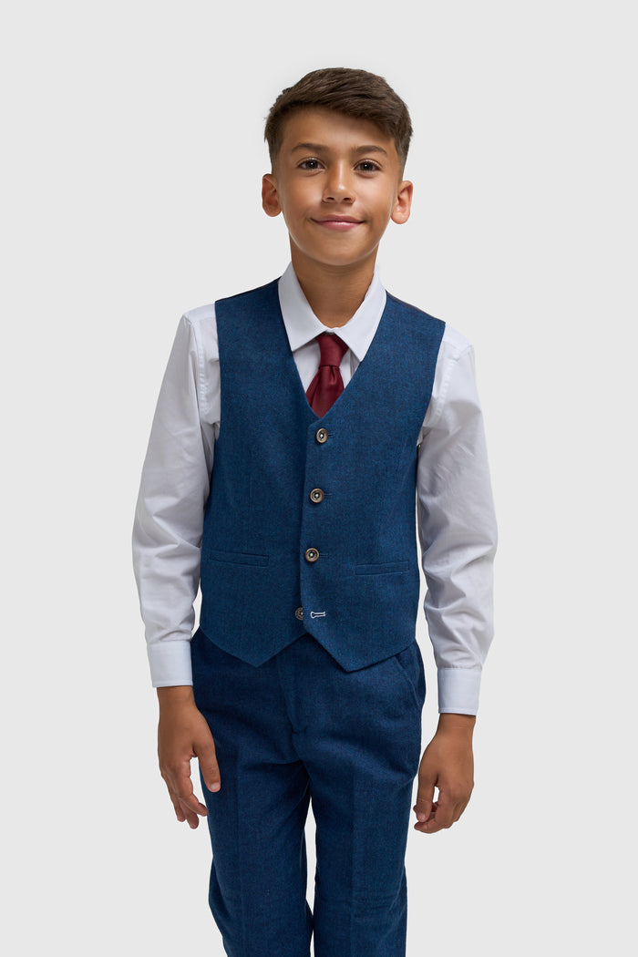 Boys Blue Tweed Three Piece Suit - House of Cavani