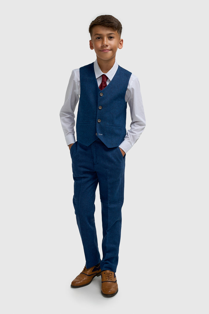 Boys Blue Tweed Three Piece Suit - House of Cavani
