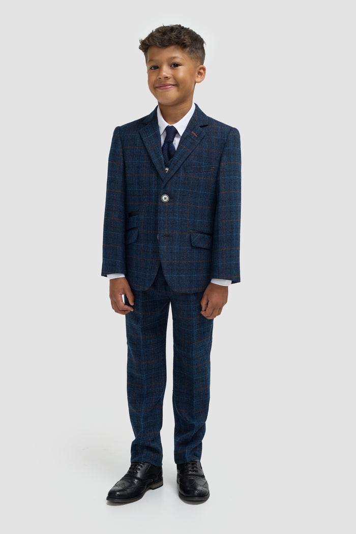 Boys Navy Blue Check Three Piece Suit - House of Cavani