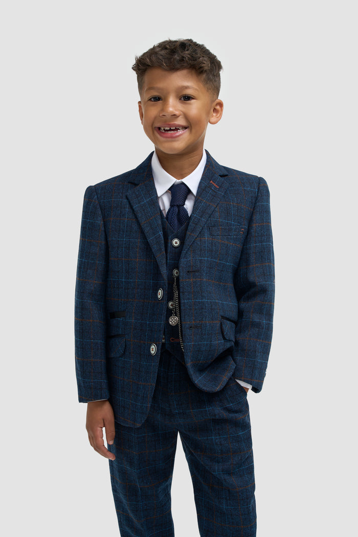 Boys Navy Blue Check Three Piece Suit - House of Cavani
