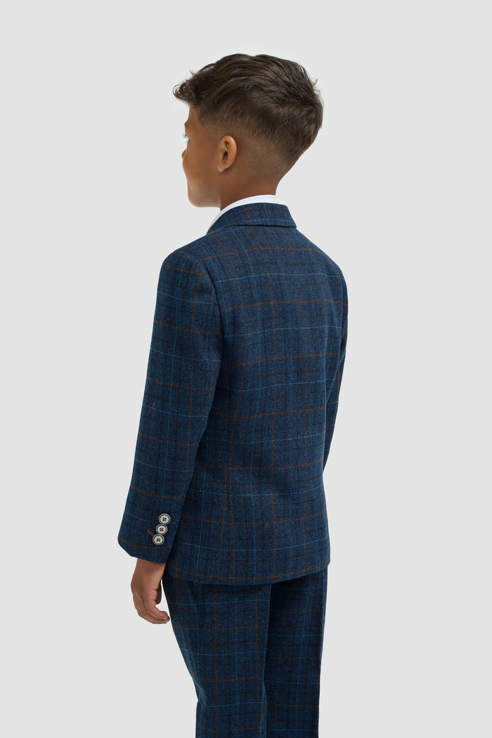 Boys Navy Blue Check Three Piece Suit - House of Cavani