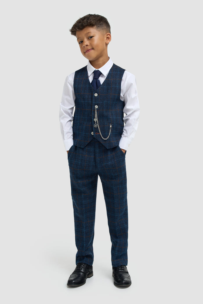 Boys Navy Blue Check Three Piece Suit - House of Cavani