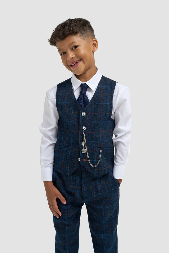 Boys Navy Blue Check Three Piece Suit - House of Cavani