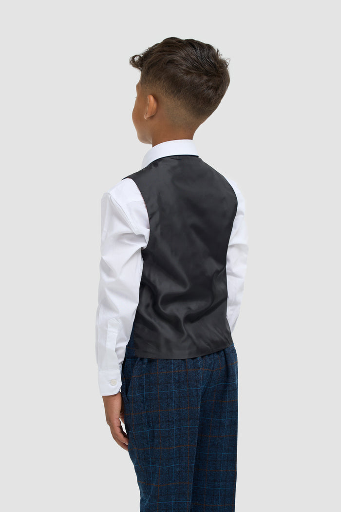 Boys Navy Blue Check Three Piece Suit - House of Cavani