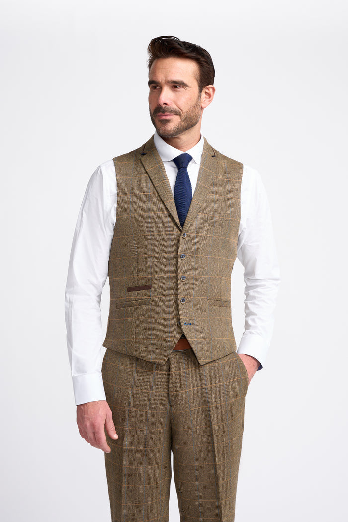 Brown Check Tweed Waistcoat - House of Cavani