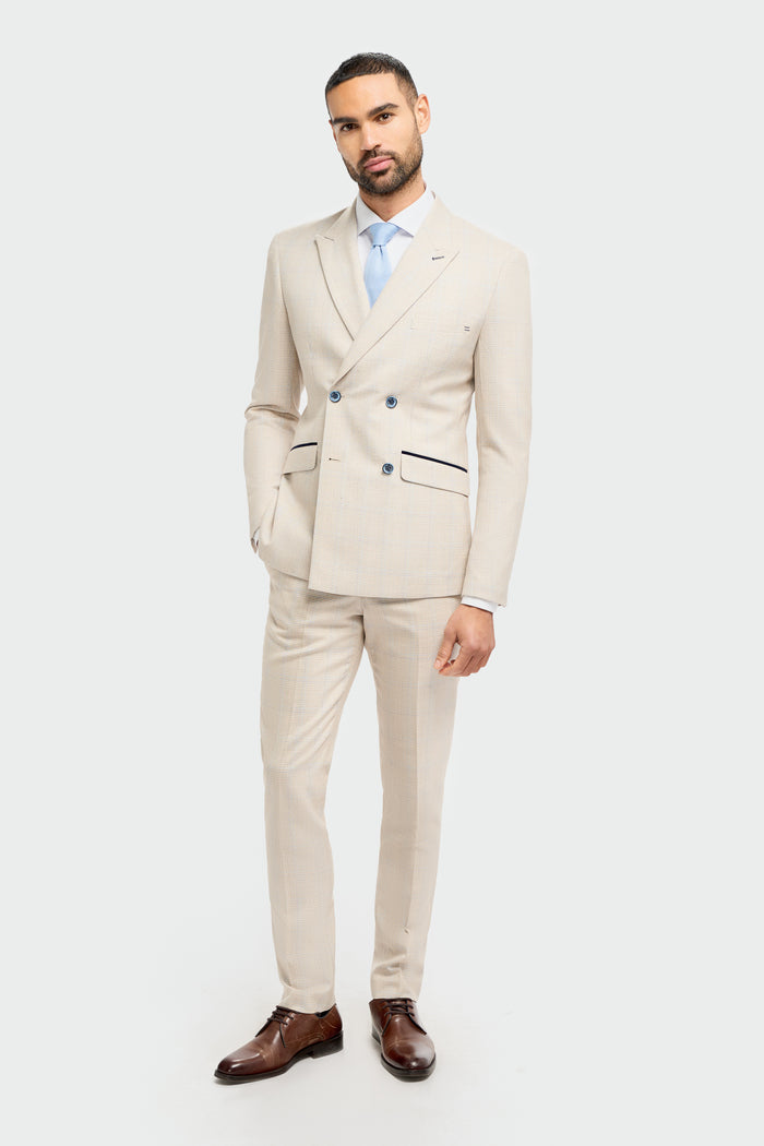 Caridi Beige Check Double Breasted Two Piece Suit - House of Cavani