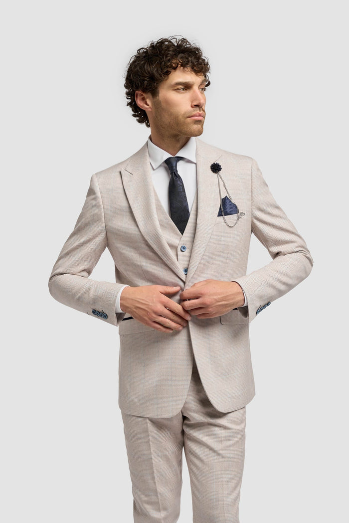 Caridi Beige Check Slim Fit Blazer