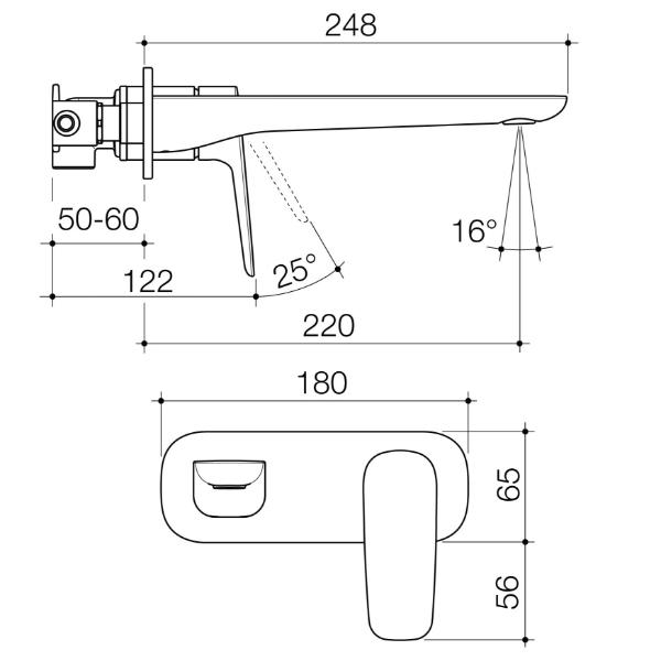Technical Drawing Caroma Contura II 220mm Wall Basin/Bath Mixer - Brushed Bronze 849053BBZ6AF
