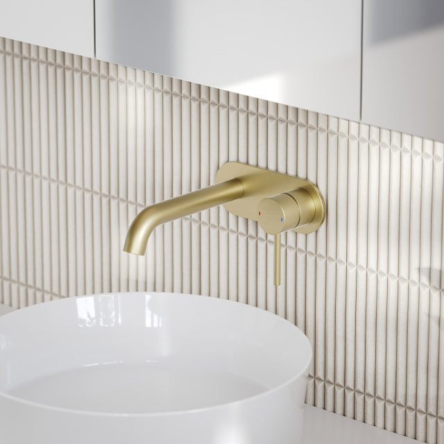 Caroma Liano II Lead Free Wall Basin/Bath Mixer Plate Set Brushed Brass