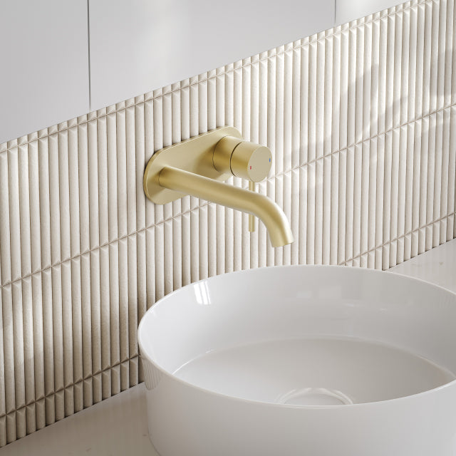 Caroma Liano II Lead Free Wall Basin/Bath Mixer Plate Set Brushed Brass
