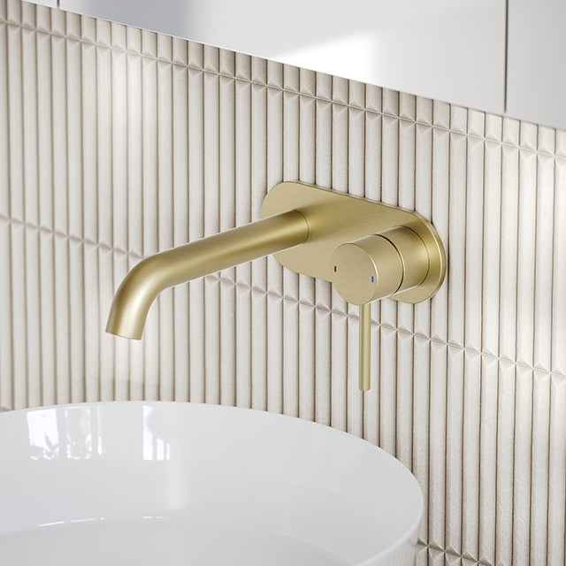 Caroma Liano II Lead Free Wall Basin/Bath Mixer Plate Set Brushed Brass