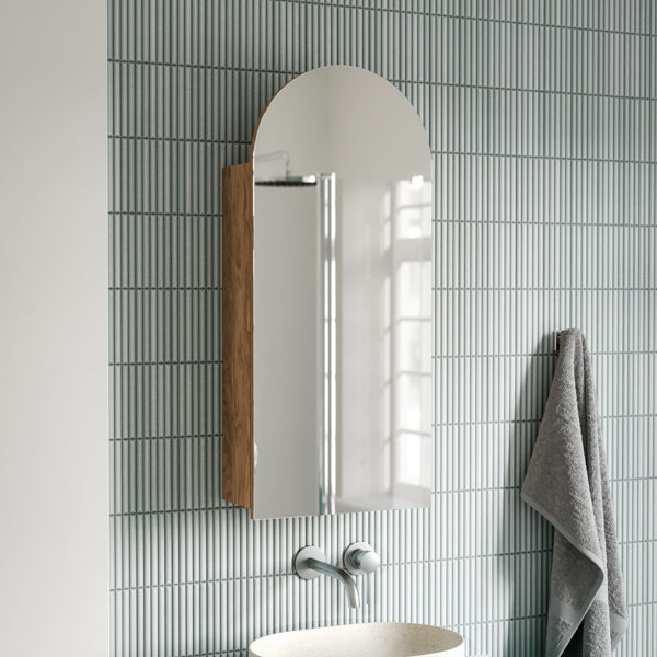 Castaways Silver Sage Gloss KitKat Porcelain Mosaic Tile 15x145mm with Ingrain Ash Arched Shaving Cabinet  - The Blue Space