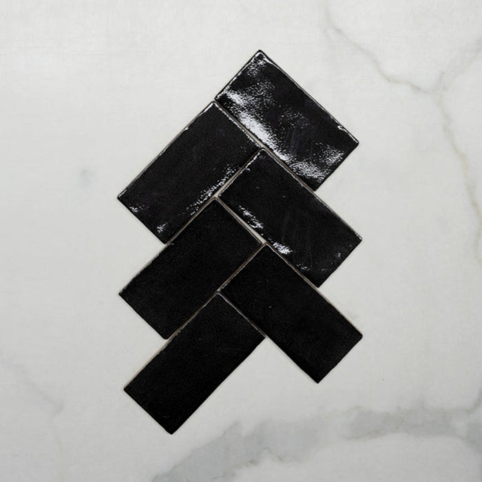 Fishbone No Hand Charcoal Dianna Hand Made Subway Tile 75 x 150 x 9mm Spanish Ceramic  - The Blue Space