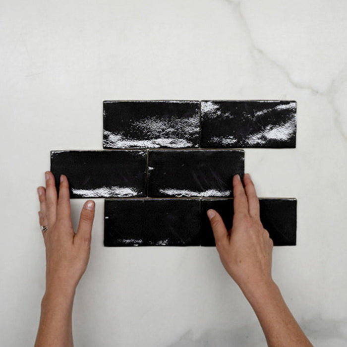 Pattern With Hand Charcoal Dianna Hand Made Subway Tile 75 x 150 x 9mm Spanish Ceramic  - The Blue Space