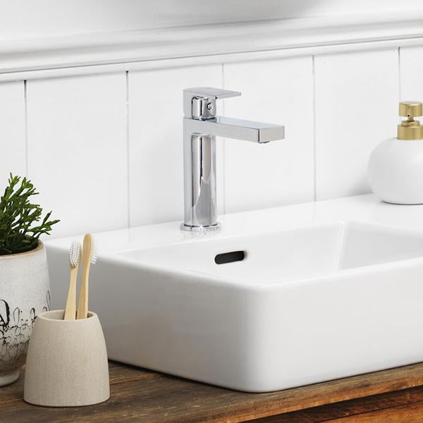 Clark Round Square Basin Mixer on above counter basin - Chrome - The Blue Space
